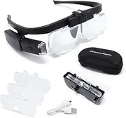 LED Head Mount Magnifier Glasses with 3 Detachable Lenses 2 Led Professional Jeweler Loupe Light USB Rechargeable Hands Free Headband Magnifying Glass for Reading Watch & Electronic Repair Sewing