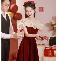 在飛比找Very buy優惠-一字肩敬酒服新娘結婚大氣紅色訂婚禮服女小個子春