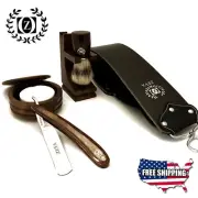 Wet Shaving Set/Kit- Straight Razor Strop Brush Cup Stand 6 Pc Wooden Made