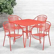 [Flash Furniture] Commercial Grade 35.5" Square Coral Indoor-Outdoor Steel Patio Table Set with 4 Round Back Chairs