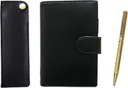 Eco B7 Cowhide Leather Mini Notebook and Horizontal Hook Pen Case Black Brass Hex Rotating Holi Gold Ballpoint Pen Set Gold T23-LS002B-NK01B-6KSBP-K