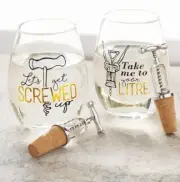 Set of 2 Mud Pie Corkscrew Bottle Stopper and Stemless Wine Glasses