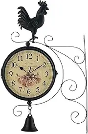 Outdoor Wall Clock Decorative Garden Double Sided Retro Clock Holder Hanging Iron Clock Art Crafts with Nice Bell Rooster