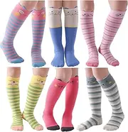 [Hzcojulo] Girl Kids Toddler Cute Animal Cat Gift soft Cotton Knee High Leg Warm Long Socks -6 Pair Pack