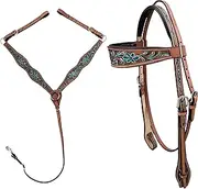Majestic Ally Western Horse Headstall and Breast Collar Set – Hand Tooled Leather with Floral Design and Turquoise Accents – Premium Tack for Western Riding