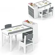 INFANS Kids Table and Chair Set, Toddler Art Craft Play Wood Activity Desk with 2 Chairs 4 Storage Canvas Bins Paper Roll for Writing Drawing, Children Furniture for Toys Boys Girls (Grey)