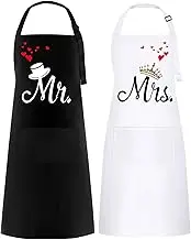 2 PCS Mr. & Mrs. Couple Aprons Set, Wedding Gift Couple, Kitchen Waterproof Aprons, Apron for Women and Men, Perfact for Engagement, Anniversary, Valentine’s Day (White& Black)