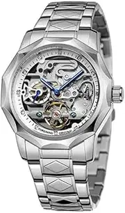 [FORSINING] 199A Luxury Design Skeleton Transparent Golden Stainless Steel Mens Automatic Mechanical Male Watch Limited (Silver)