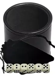 (6) 15mm Light Ivory Tone Pip Dice with Pouch + PU Leather Black Felt Lined Cup