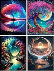 4 Pack Paint by Numbers for Adults Beginner - Mountain Moon Starry Lake Adult Paint by Numbers Kits on Landscapes Painting Kits for Kids Beginner, Painting by Numbers Perfect for Gift Decor 12x16 Inch
