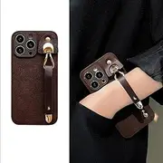 Leather Pattern Wrist Strap Case for iPhone 16 15 14 13 12 11 Pro Max Xr X Xs Max Luxury Plain Color Shockproof Phone Cover(for iPhone 16/YueKWuJ-PWD-Brown)