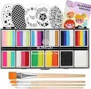 Bowitzki Face Paint 12x10 gm Professional Body Painting Kit For Kids Adults Stencil One Stroke Split Cake Non Toxic Rainbow Flora Dolphin Unicorn Flame Makeup Halloween Christmas Easter - Bright Set