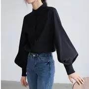 Balloon-Sleeve Long-Sleeve Mandarin-Collar Plain Blouse Black - L