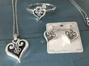 Brighton Alcazar Heart Glint Necklace Hinged Bangle & Post Drop Earrings Set NWT