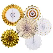 1 Set/6Pcs Paper Fans Hanging Backdrop Decoration Round 8"/10"/12"/16" Gold Tone