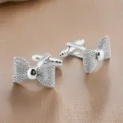 925 Sterling Silver Men's Engagement Classic Bow Cufflinks 14K White Gold Plated