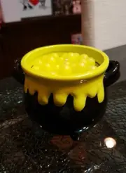 Ceramic Halloween Black Cauldron Candle Yellow Wax
