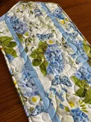 Handcrafted-Quilted Table Runner 2025 NEW - Blue Hydrangeas & White Floral/Butte