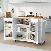 HLR Kitchen Island with Storage, Rolling Kitchen Island on Wheels with Drop-Leaf Bar Countertop, Island Table for Kitchen with Side Open Spice Rack and Tower Rack, Extra Storage for Kitchen