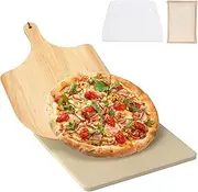 DcYourHome Universal 12 Inch Square Pizza Stone for Oven, BBQ Grilling, Natural Cordierite Baking Stone Pizza Making Accessories with Wood Pizza Peel & Plastic Scraper for Baking Bread Pizza Cookies