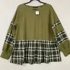 New Doe & Rae Olive Plaid Tiered Baby Doll Pull-over Top Large
