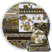 Mandalas and Flowers Golden Black Design Round Beach Towel