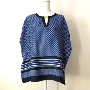 NWT Anne Klein Kaftan Tunic Top Blouse SizeS Geo Pattern Relaxed Blue Hardware