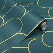 Peel and Stick Wallpaper Green and Gold Geometric Contact Paper Green and Gold Self-Adhesive Wallpaper Removable Modern Stripe Wallpaper for Walls Covering Waterproof Vinyl Rolls 17.3''x118''