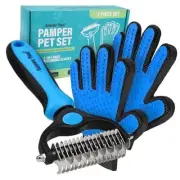 Pet Grooming Brush and 2X Grooming Gloves Large B - Rake & Glove (Best Value)