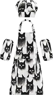 AIXIWAWA Kids Apron Chef Hat Set, Child Kitchen Bib Aprons Adjustable for Cooking Baking Painting (Cute Black Cats Heads)