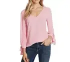 CeCe Women's 3/4 Sleeve V Neck Blouse with Tie Sleeve Pink Begonia Size XS