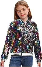[Yihuimin] Kids Girls Sequins Bomber Jacket Long Sleeve Zip Up Outwear Coat Jazz Hiphop Dance Costume