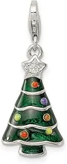 [JewelryWeb] 925 Sterling Silver Solid Polished Spring-Ring CZ Cubic Zirconia Simulated Diamond and Enameled Christmas Tree Charm 32x12mm Wide