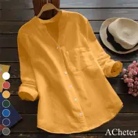 在飛比找momo購物網優惠-【ACheter】棉麻襯衫長袖寬鬆大碼V領棉麻短版上衣#11