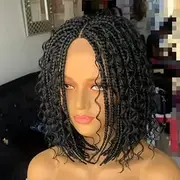 Lace Front Knotless Braided Wigs for Women Short Braided Wigs with Hair Synthetic Embroidery Lace Frontal Box Braid Wig with Boho Curls Hair (14 inch, Black)