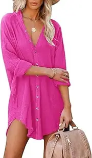 [Paintcolors] Women's Lace-Up V Neck Shirts Cotton Roll-Up Sleeve Solid Color Blouse Tunics Tops with Pockets