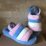 UGG PRIDE RAINBOW FLUFF YEAH SLIDE STRIPE PETAL FUR SLIPPER SANDAL SIZE 6 WOMEN