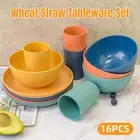 16Pcs Wheat Straw Dinnerware Serving Set Unbreakable Tableware Plates Microwave