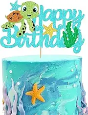 Turtle Cake Topper - Sea Turtle Happy Birthday Cake Decorations - Glitter (metallic/iridescent) - 4.1 inches x 6.1 inches - Cardboard, Wood - Birthday Occasion
