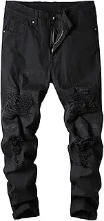 [Generic] Men's Slim Ripped Moto Pants Regular Lightweight Skinny Distressed Pant Stylish Straight Leg for Men, White, 42