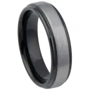 Tungsten Ring Unisex Two Tone Black IP Gun Metal Brushed Center Stepped Edge