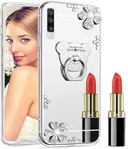 LEECOCO Samsung Galaxy A70 Case Glitter Crystal Bear Mirror Makeup Silicon TPU Soft Rubber Case with Bear Ring Stand Holder Cover for Samsung Galaxy A70 TPU Bear Silver