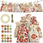 Christmas Advent Calendar Bags set 2024, 24pcs Christma Burlap Hanging Candy Gift Drawstring Bags Xmas Goody Gift Bags for Party Favors Countdown xma Decoration (24 bags, Numbers Stickers, Clips, Rope)