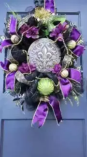 Black Mardi Gras Deco Mesh Wreath Fleur De Lis Sign Ornaments Beads Free Ship