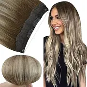 Full Shine 14 inch Invisible Fish Line Hair Extensions Dip Dyed Color #3 Dark Brown Fading to #8 and #22 Blonde Highlights Hair Extensions Halo Hair Extensions No Clips 70g Per Set