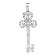 14k White Gold Round Diamond Curled Handle Key Love Pendant 1/4 Cttw
