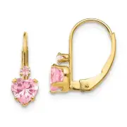 14K Yellow Gold Pink CZ Heart Dangle Earrings Leverback Madi K Childrens Jewelry