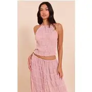 Mauve Chiffon Ruched Frill Detail Halterneck Top, Mauve