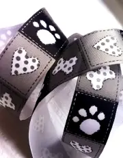 Dog Paw Bone Heart 1.5" by 3 yd Wired Ribbon Taupe Gray Black White Polka Dots