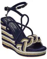 Valentino Rockstud Torchon Blue Stripe Cord Rope Wedge Ankle Strap Sandal 38